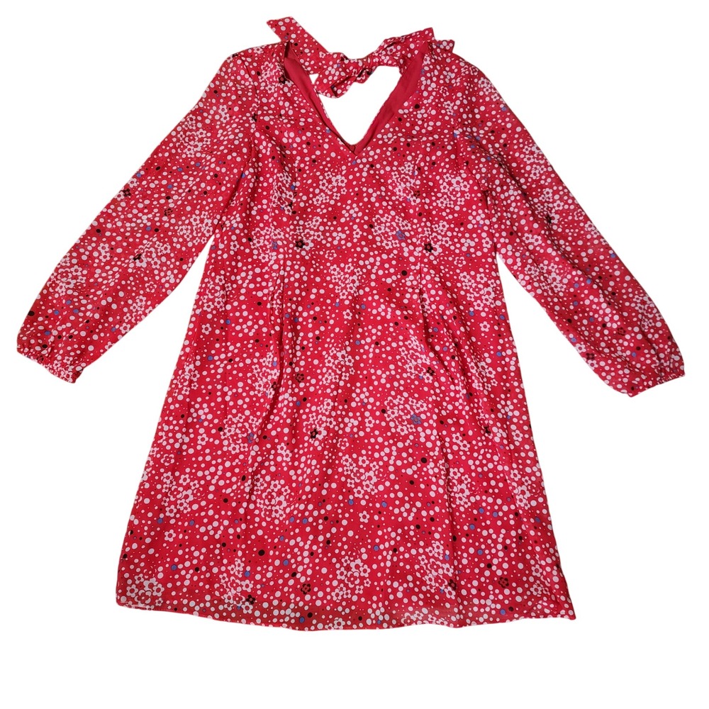 INC Dress Small Red Shift Bow Back V-Neck Polka Dot Floral Long‎ Sleeve